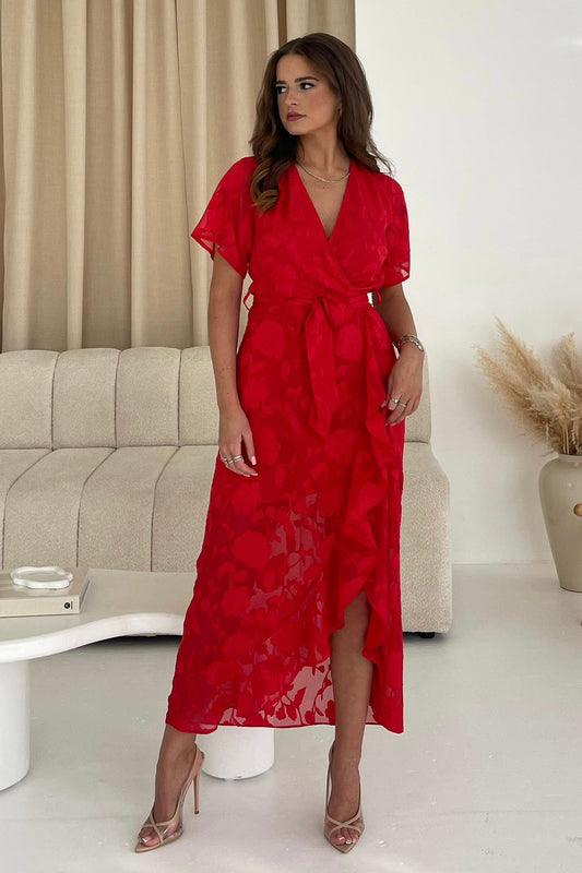 Girl in Mind Farren Wrap Frill  Maxi Dress - Red