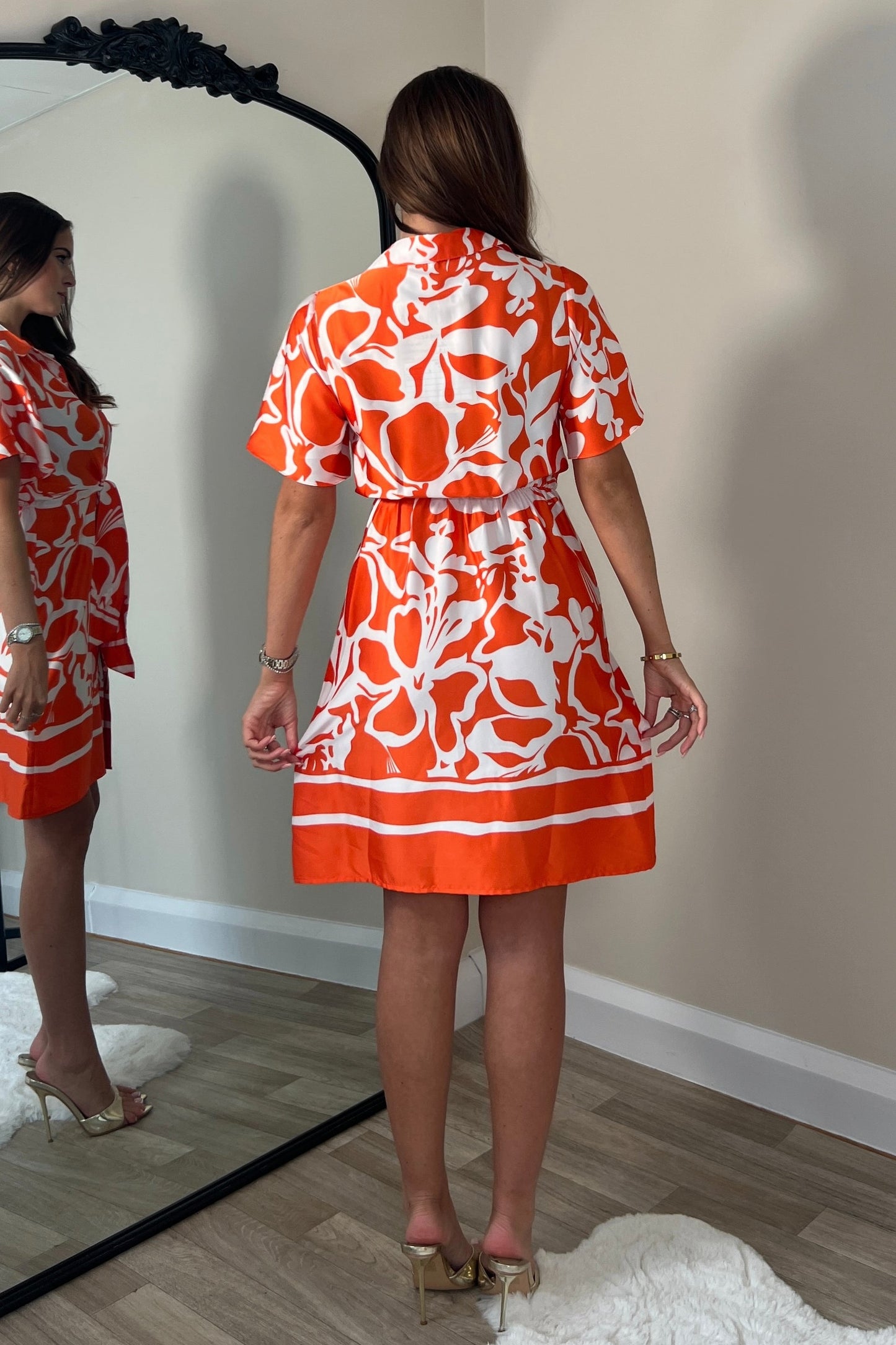 Girl In Mind Boarder Print Tie Detail Mini Shirt - Orange