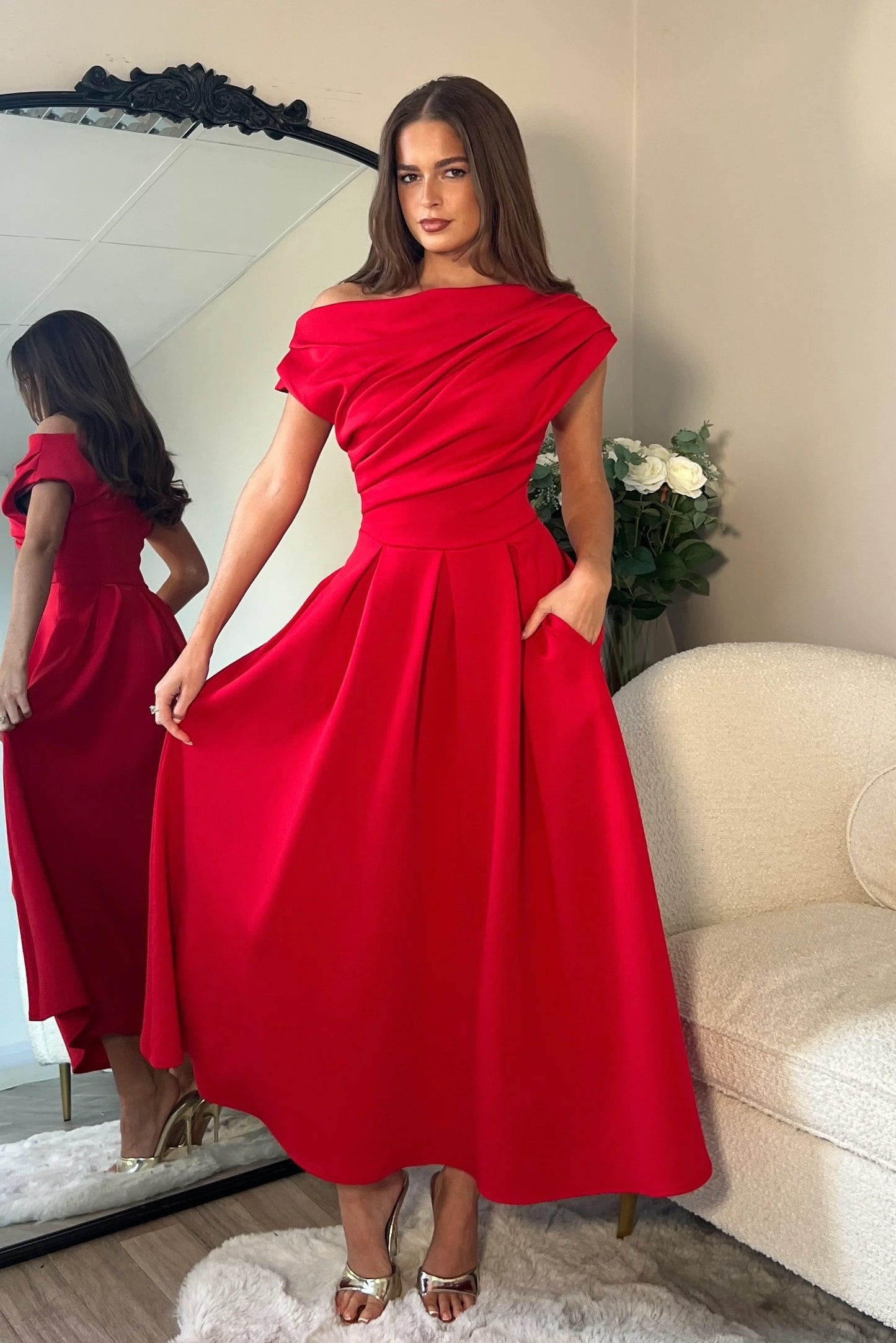 Girl In Mind Betty Asymmetric Neckline Skater Dress - Red