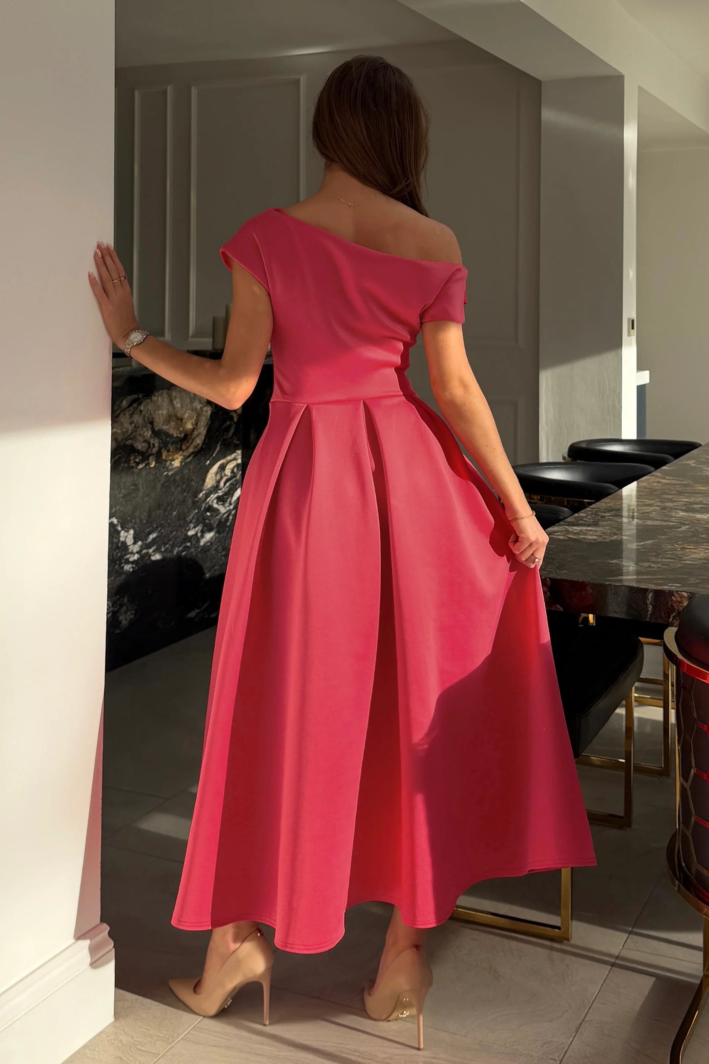 Girl in Mind Betty Asymmetric Neckline Midi Dress - Coral