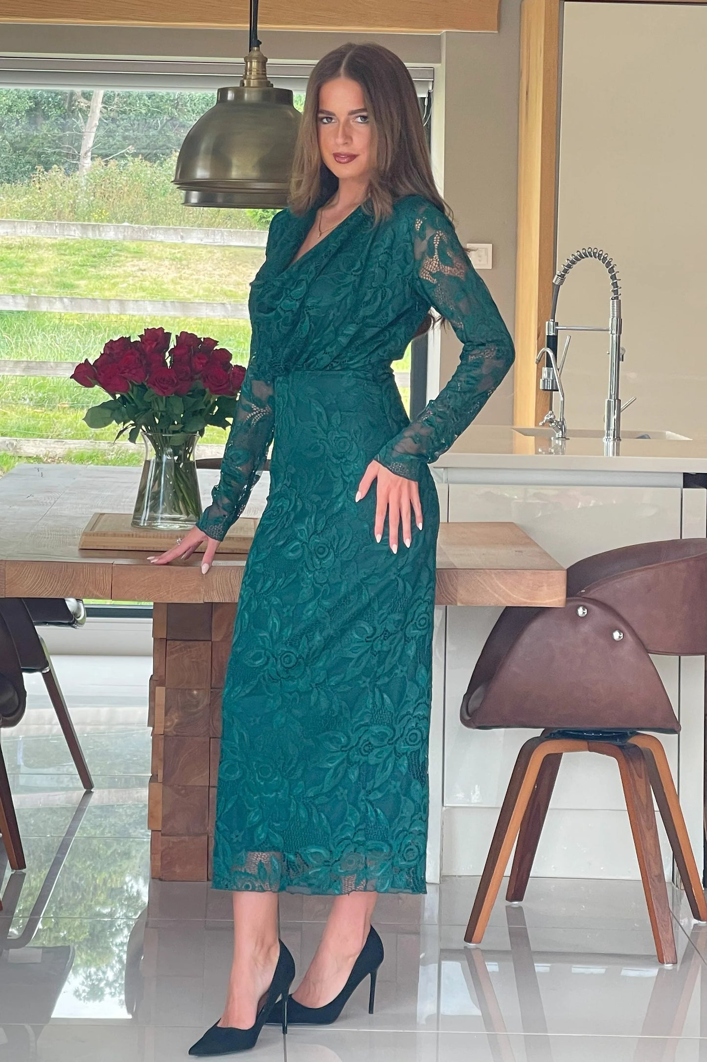 Girl In Mind Remington Lace Cowl Neck Midi Dress - Green