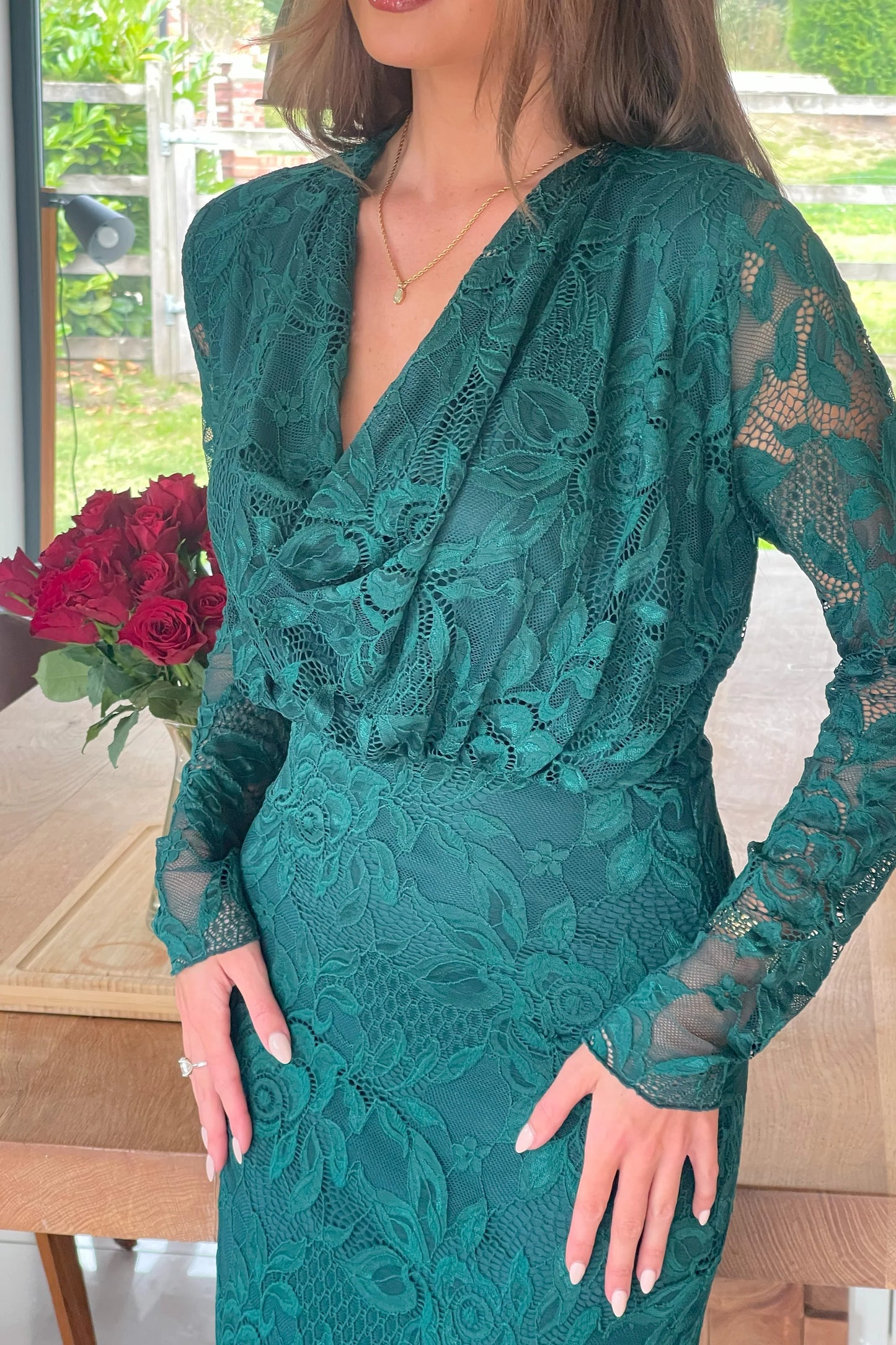 Girl In Mind Remington Lace Cowl Neck Midi Dress - Green