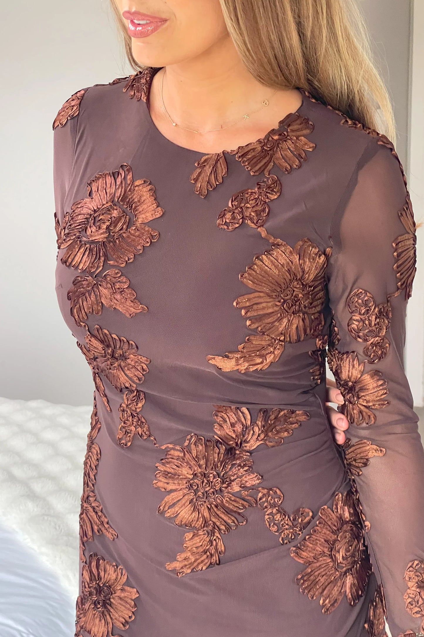 Girl In Mind Elodie Embroidered Bodycon Dress - Brown