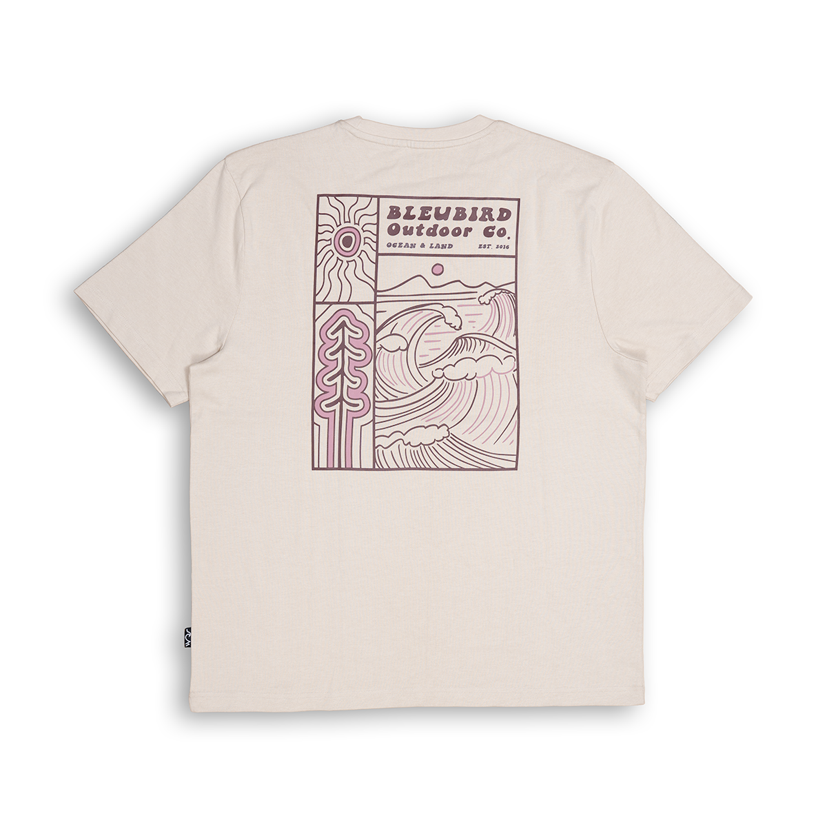A light beige crewneck t-shirt shown from the back, featuring a large graphic print in dusty pink. The graphic includes the text 'BLUEBIRD Outdoor Co.