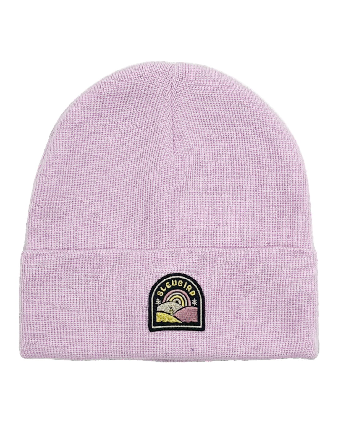Pink beanie with a patch on a white background