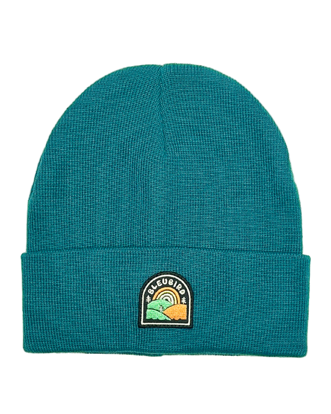 Teal beanie with a logo patch