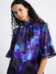 French Connection Eva Recycled Satin Fluted Sleeve Mini Dress - Cobalt Multi