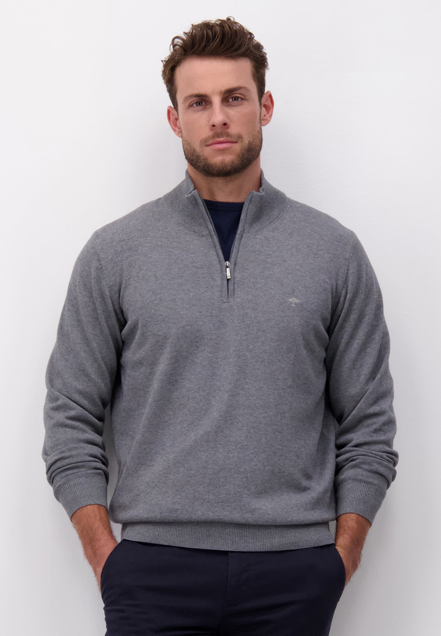 Fynch Hatton Knit Troyer Zip - Steel