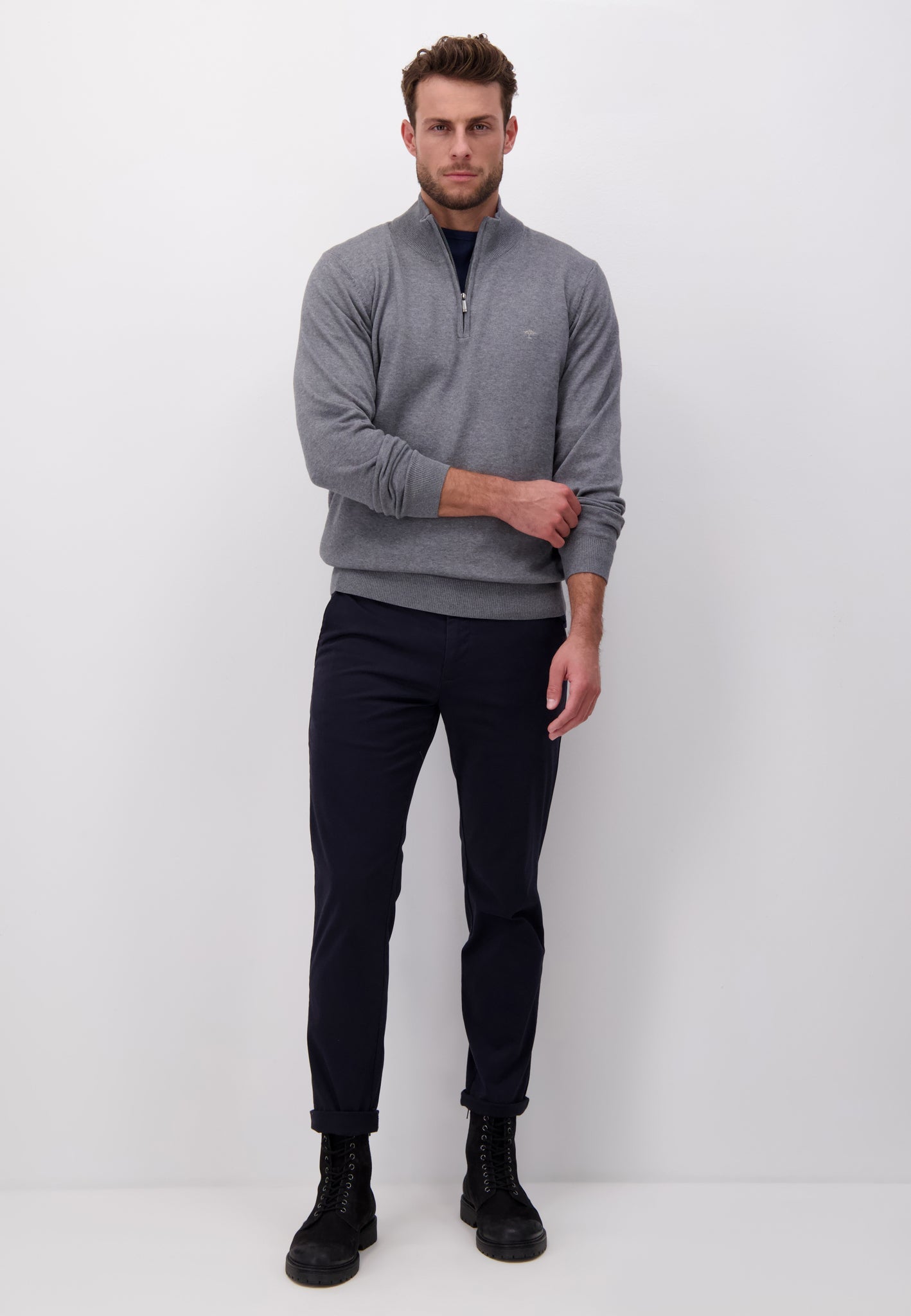 Fynch Hatton Knit Troyer Zip - Steel
