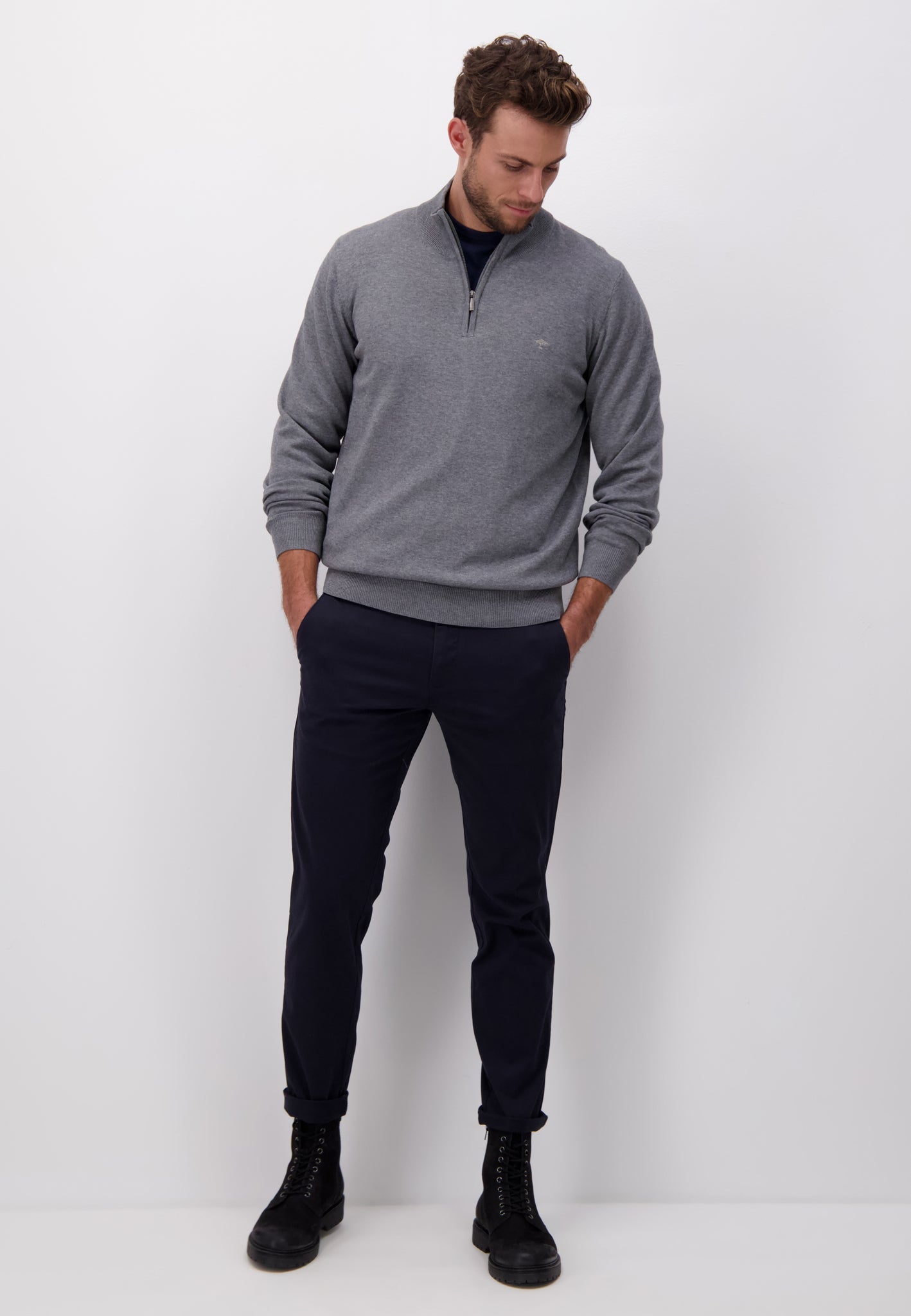 Fynch Hatton Knit Troyer Zip - Steel