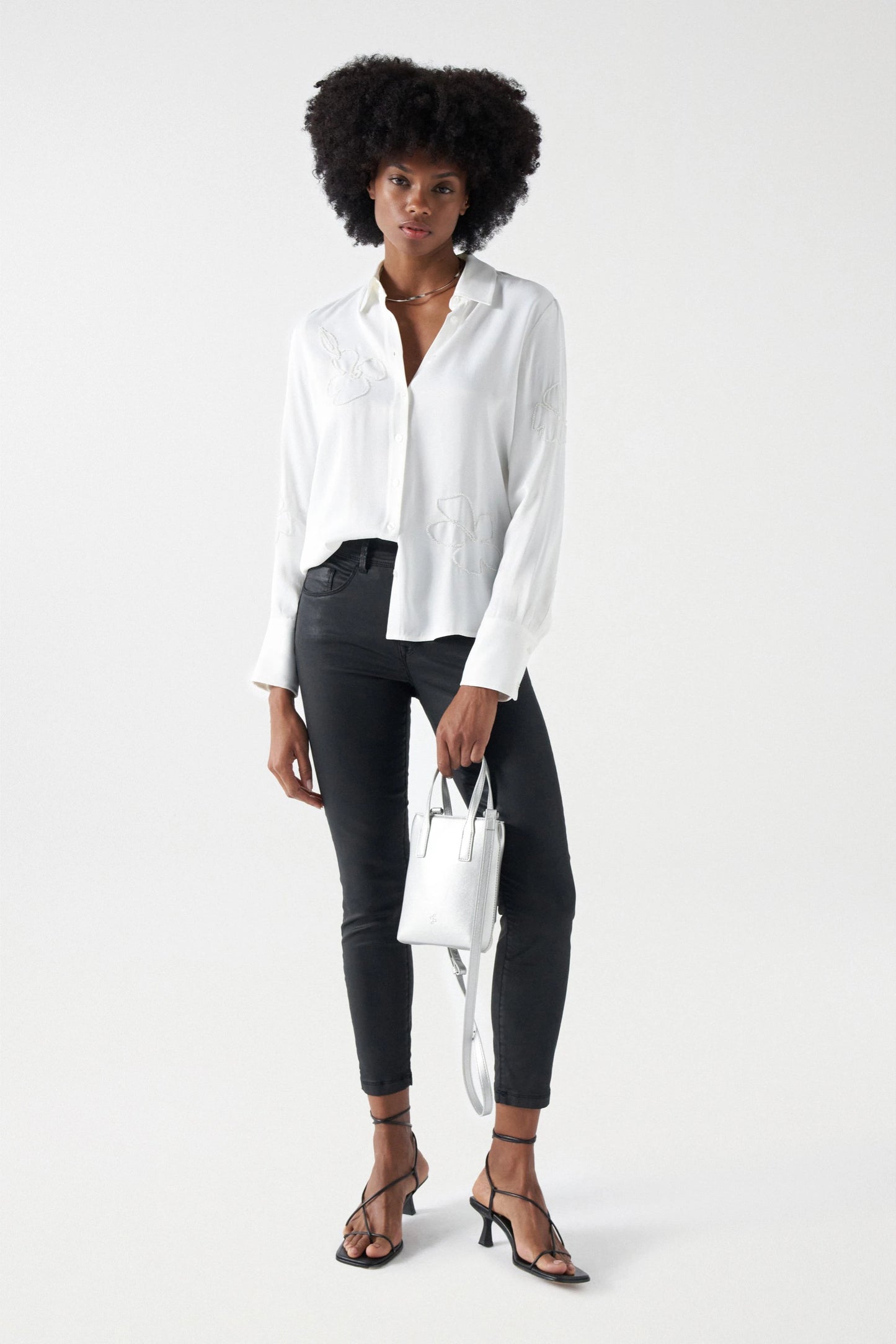 Salsa Sequin Embellished Satin Shirt - Light Pearl