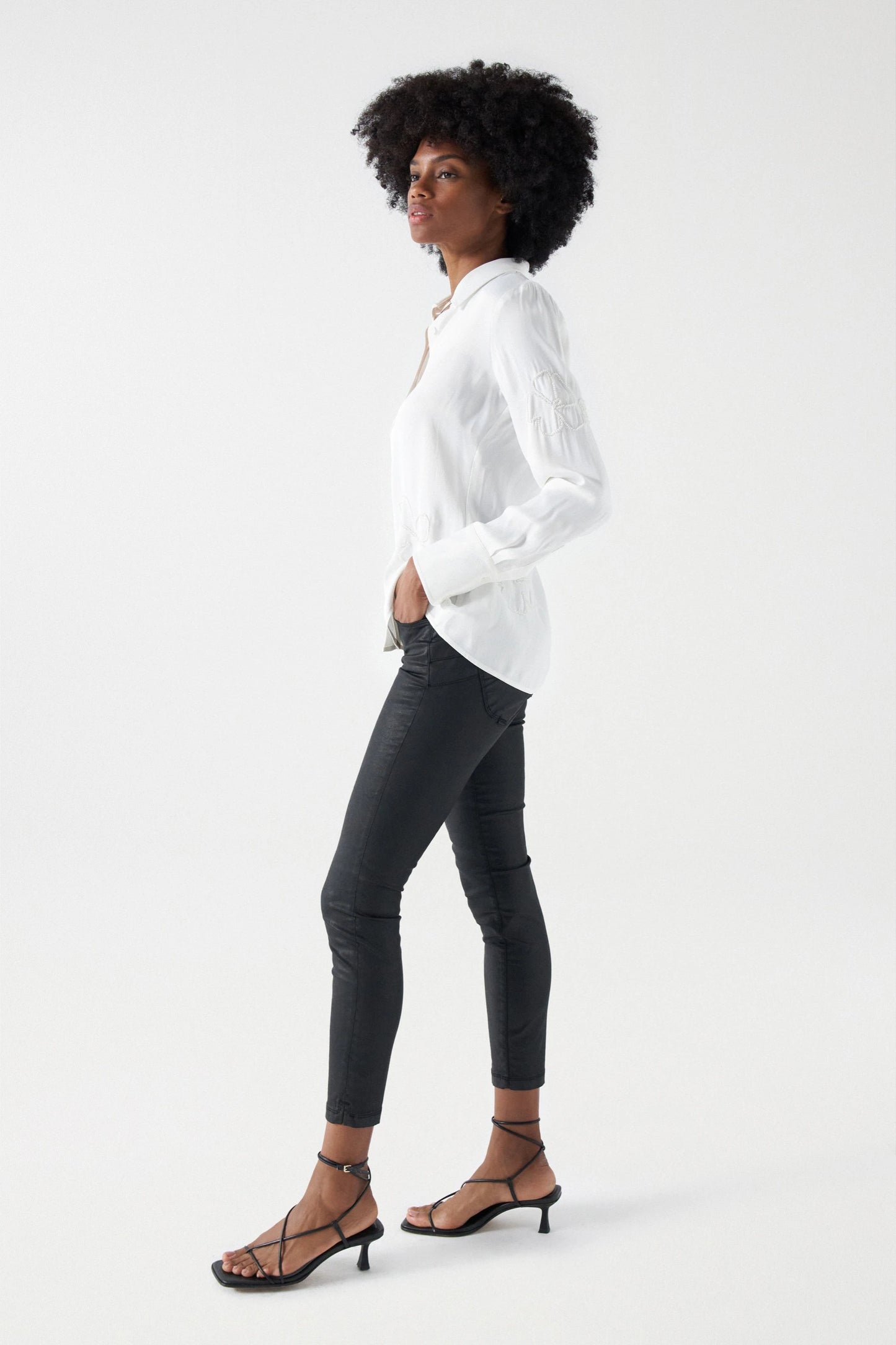 Salsa Sequin Embellished Satin Shirt - Light Pearl