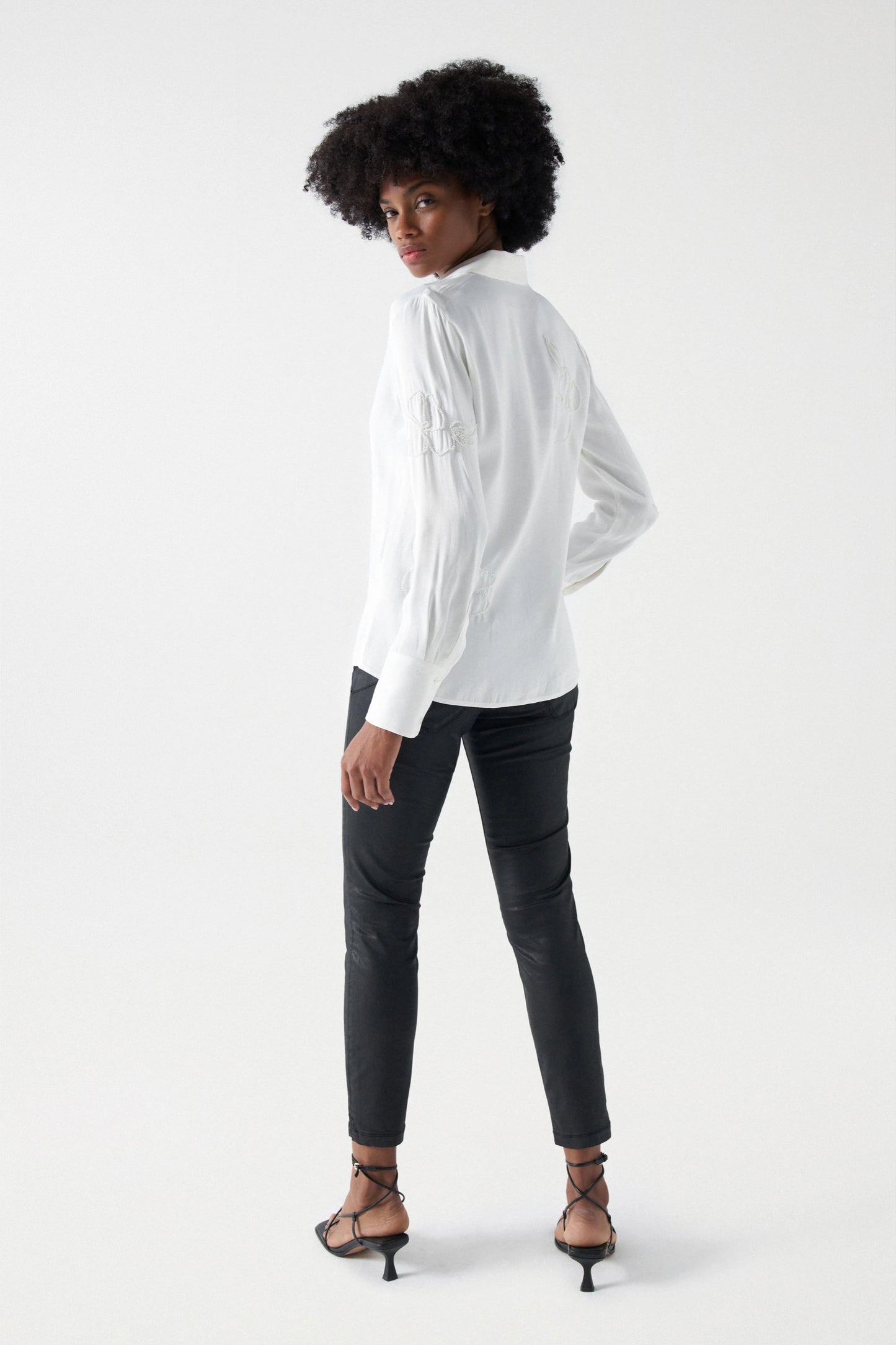 Salsa Sequin Embellished Satin Shirt - Light Pearl