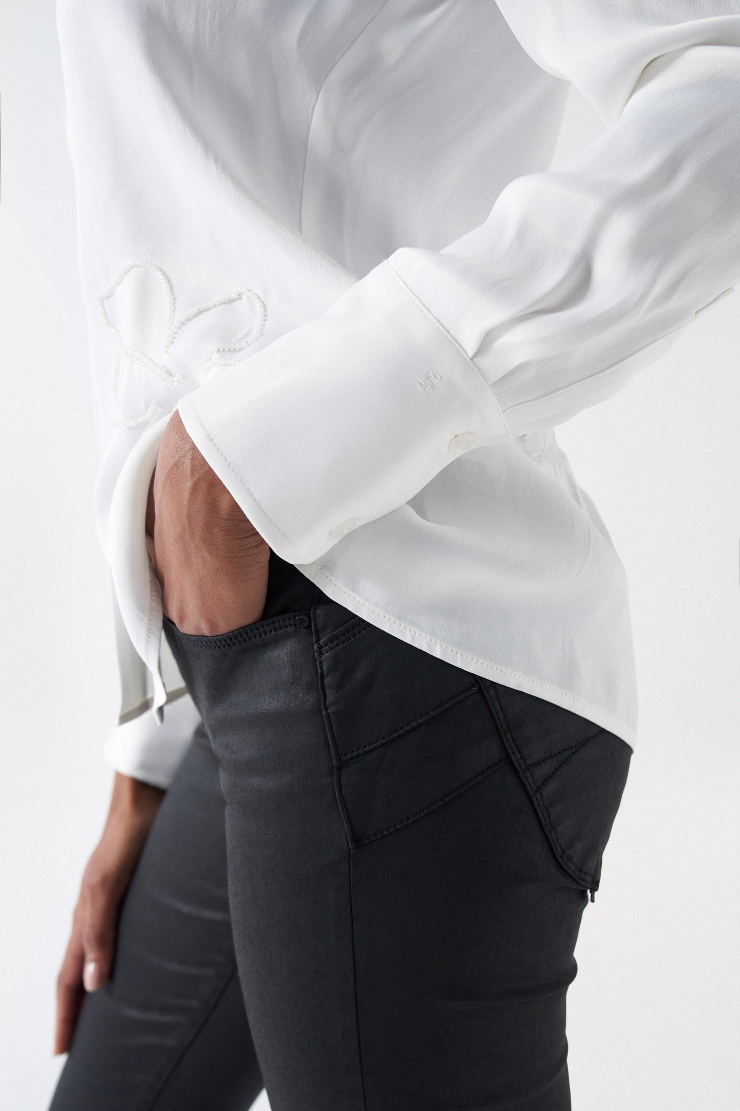 Salsa Sequin Embellished Satin Shirt - Light Pearl