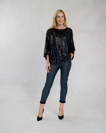 Deck Round Neck Sequin Top - Black