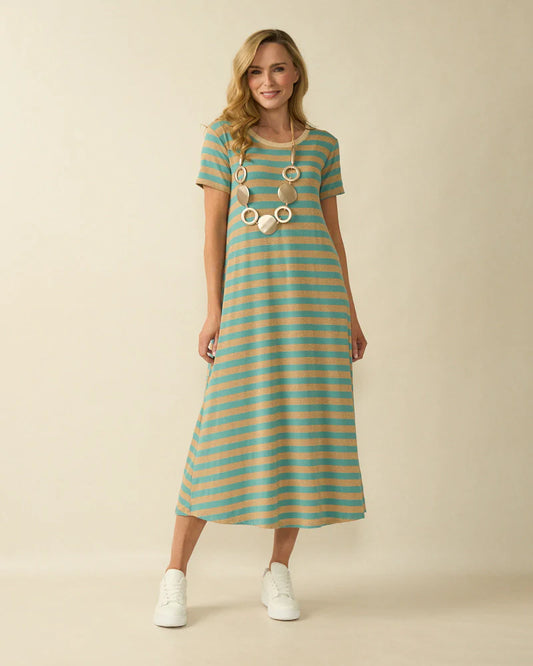 Deck Striped Round Neck Dress - Aqua