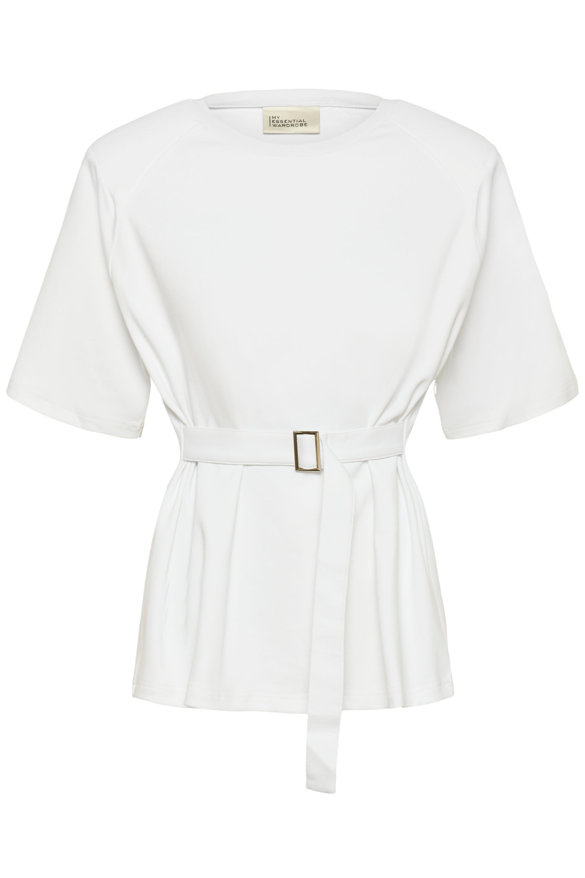 White wrap top with a belt on a white background