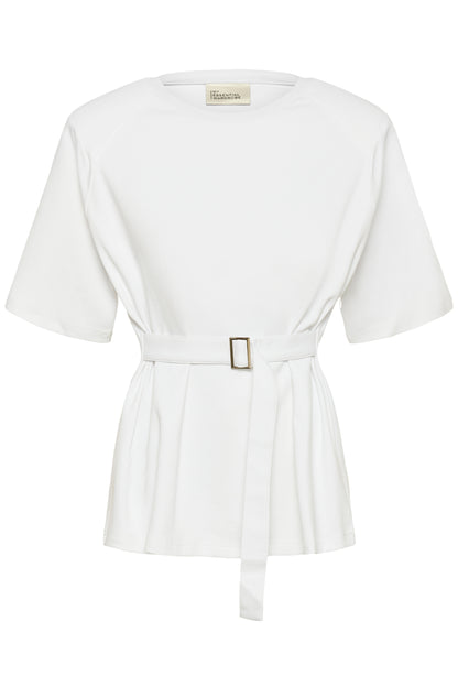 White wrap top with a belt on a white background