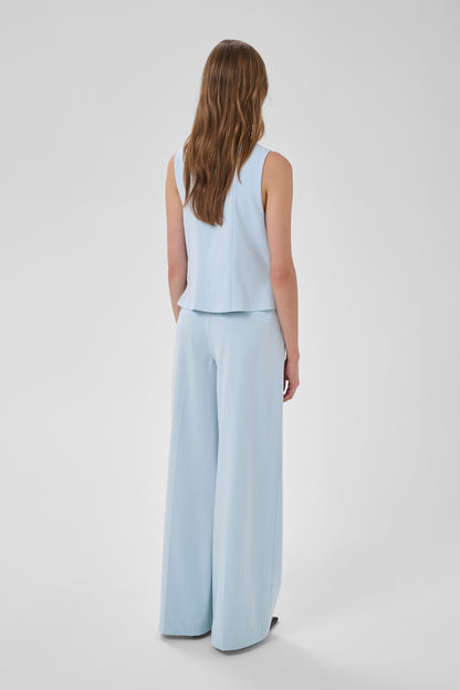 Woman wearing a light blue sleeveless top and wide-leg pants on a white background