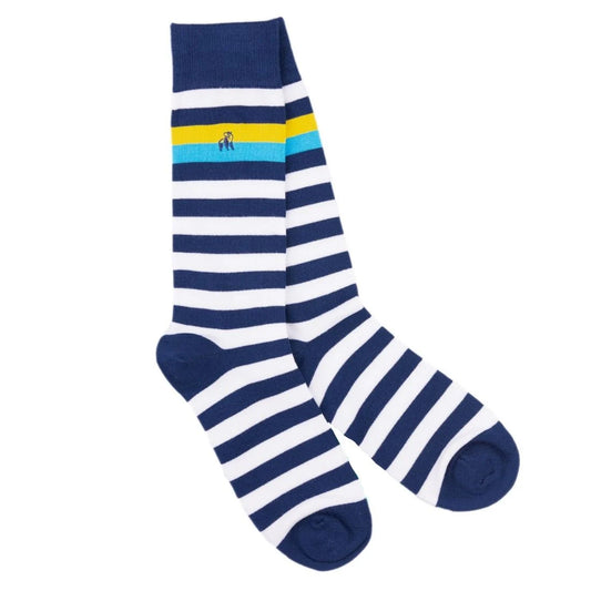 Swole Panda Bamboo Socks - Navy, Yellow & Blue Striped