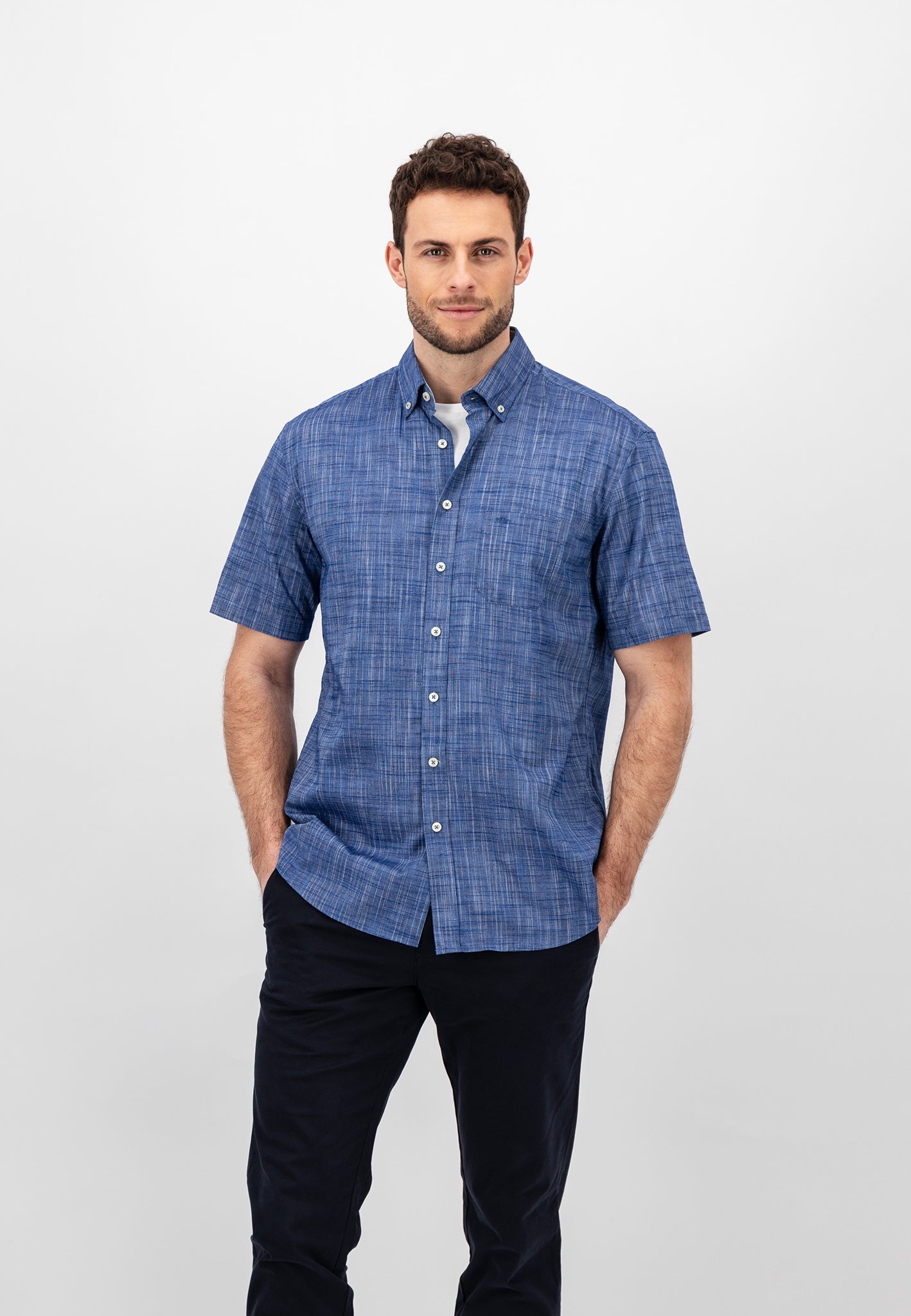 Fynch Hatton Short Sleeved Cotton Shirt - Navy