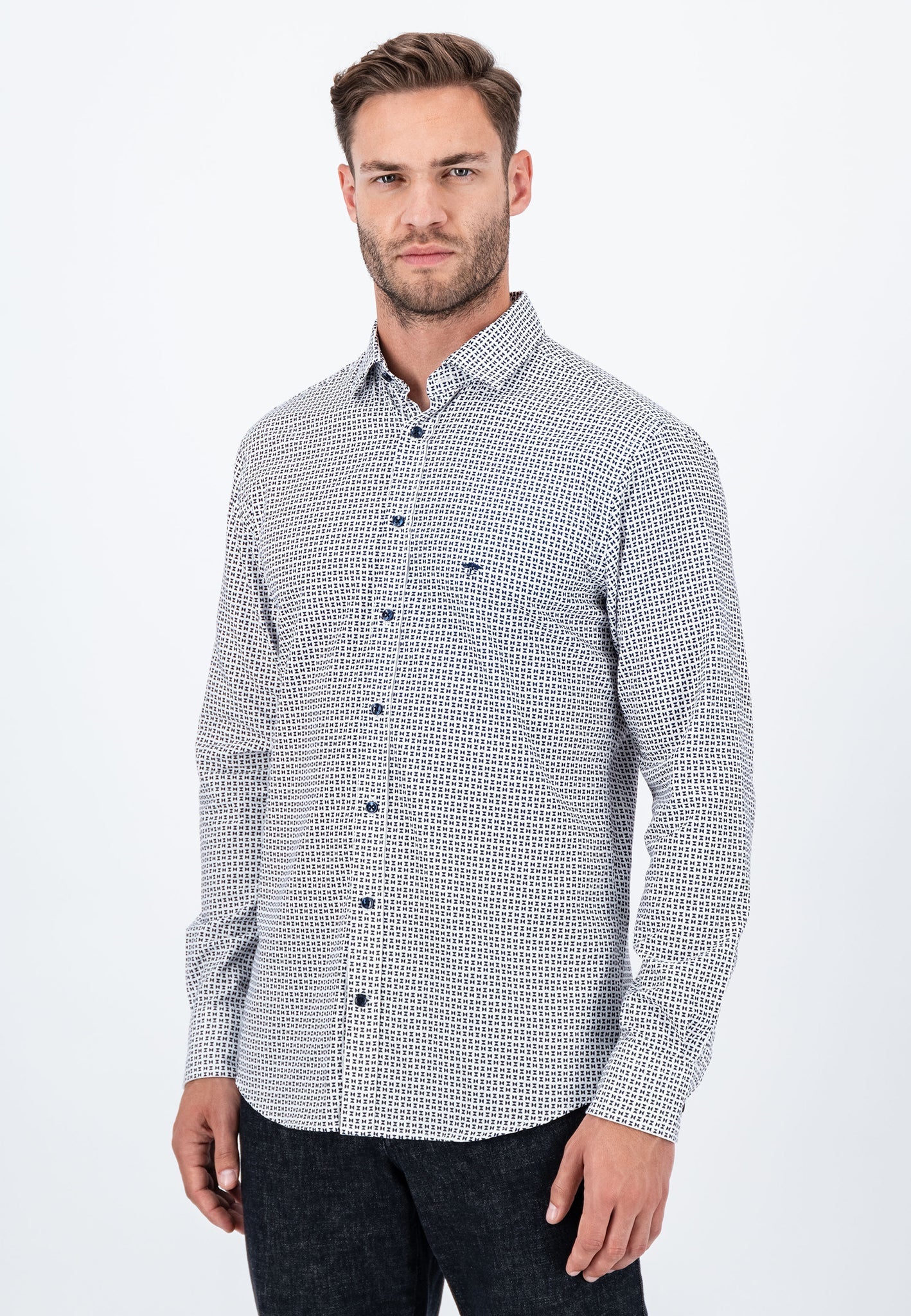 Fynch Hatton Long-Sleeved Print Shirt - Dark Navy