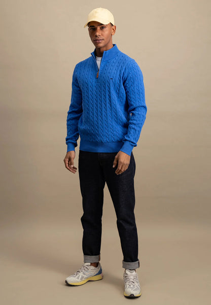 Fynch Hatton Cable Knit Half Zip Troyer - Strong Blue