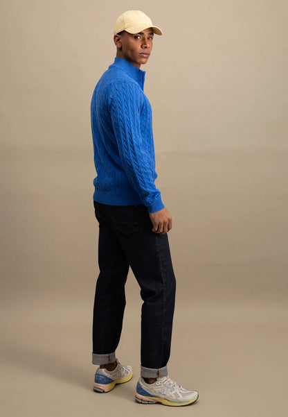 Fynch Hatton Cable Knit Half Zip Troyer - Strong Blue