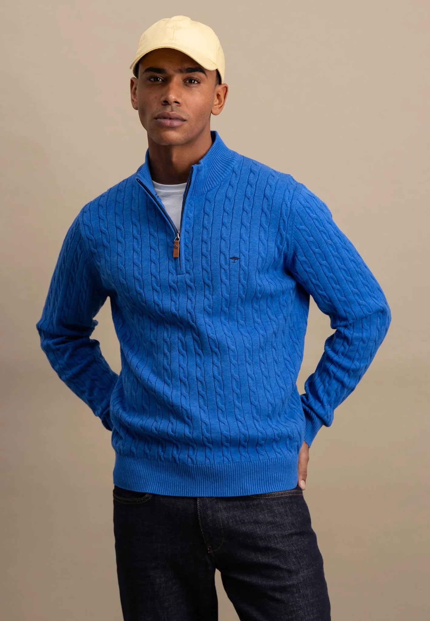 Fynch Hatton Cable Knit Half Zip Troyer - Strong Blue