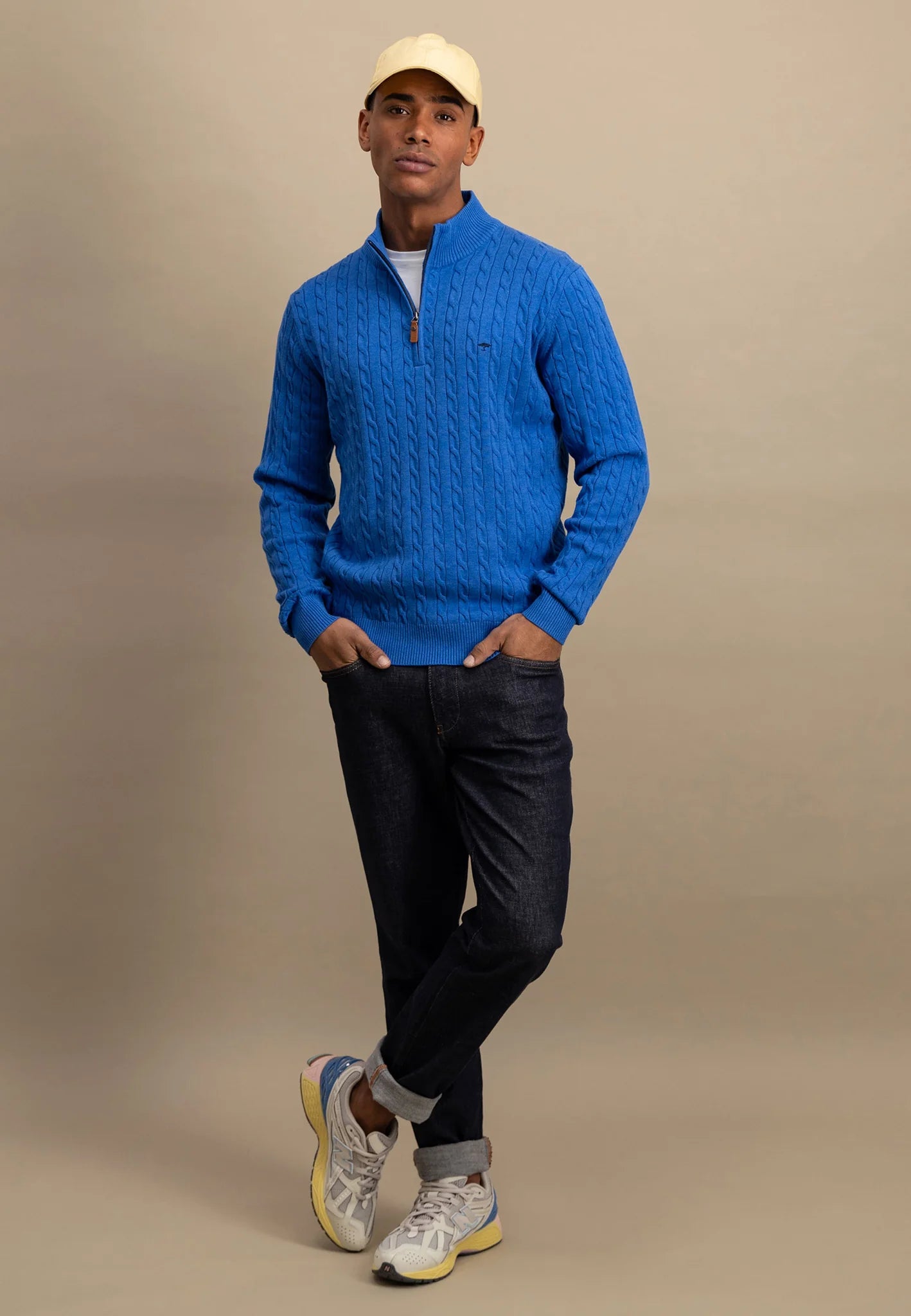 Fynch Hatton Cable Knit Half Zip Troyer - Strong Blue