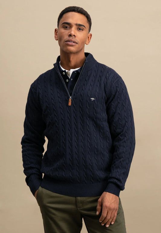 Fynch Hatton Cable Knit Half Zip Troyer - Navy