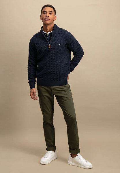 Fynch Hatton Cable Knit Half Zip Troyer - Navy