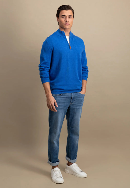 Fynch Hatton Cotton Troyer Half Zip - Strong Blue