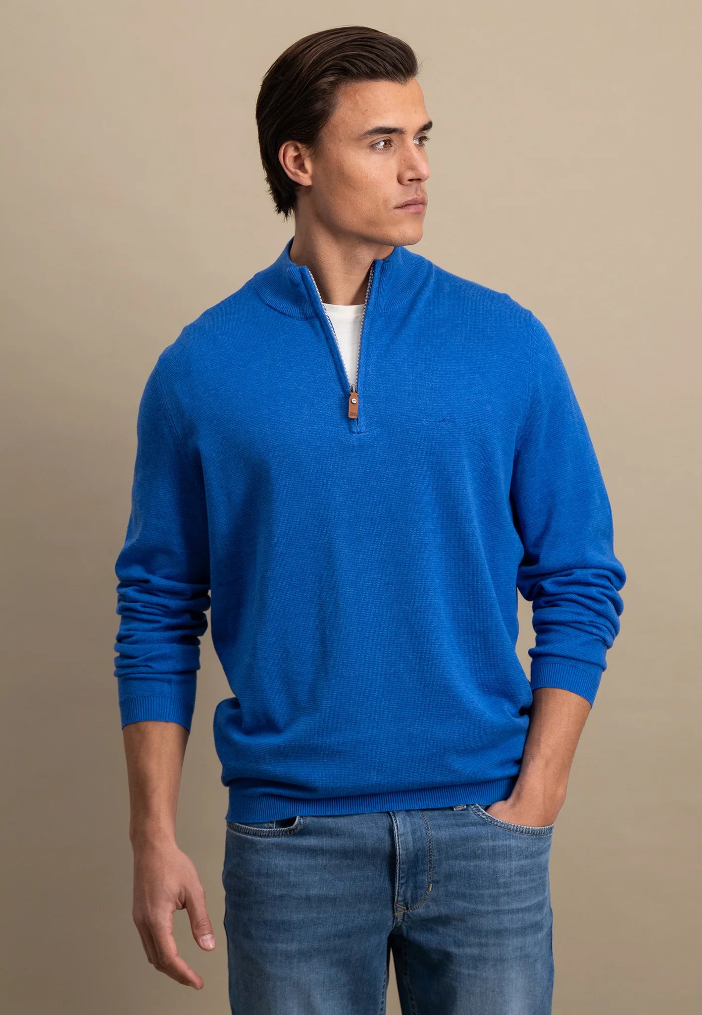 Fynch Hatton Cotton Troyer Half Zip - Strong Blue