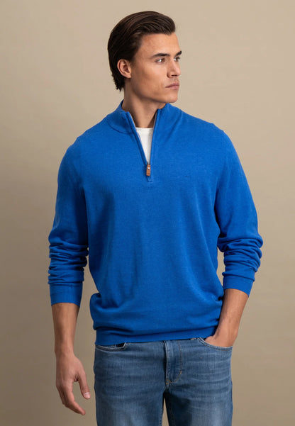 Fynch Hatton Cotton Troyer Half Zip - Strong Blue