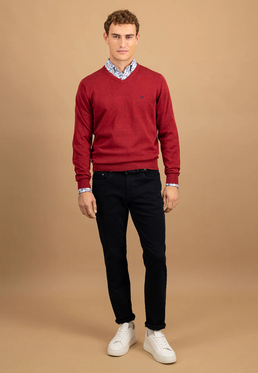 Fynch Hatton V-Neck SuperFine Jumper - Garnet Red