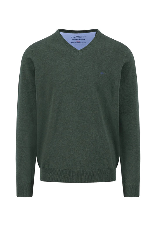 Fynch Hatton V-Neck SuperFine Jumper - Dark Ivy