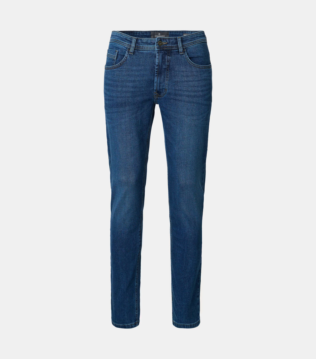 A pair of medium wash blue denim jeans shown flat against a light gray background.