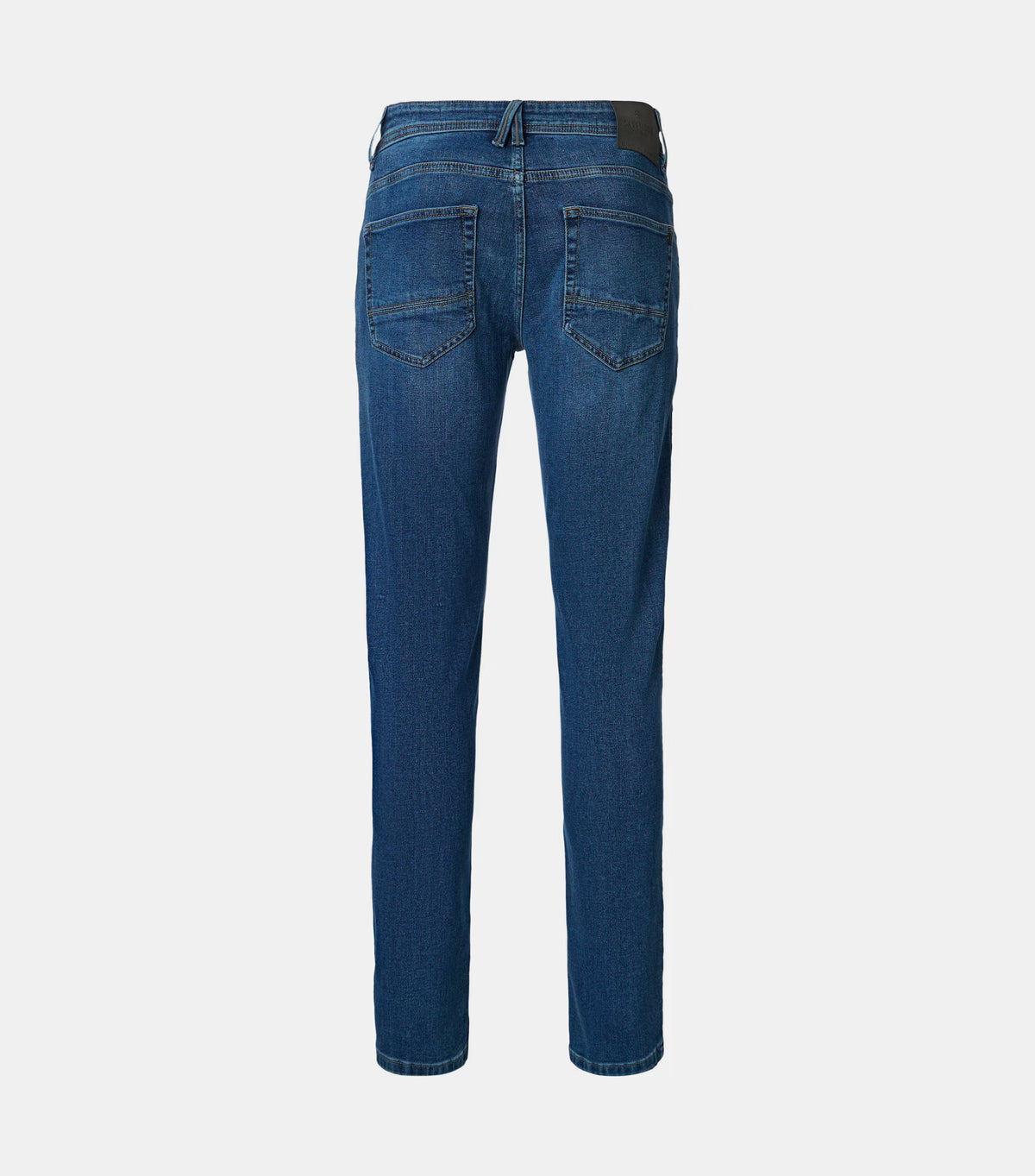 Back view of a pair of medium wash blue denim jeans on a light gray background.