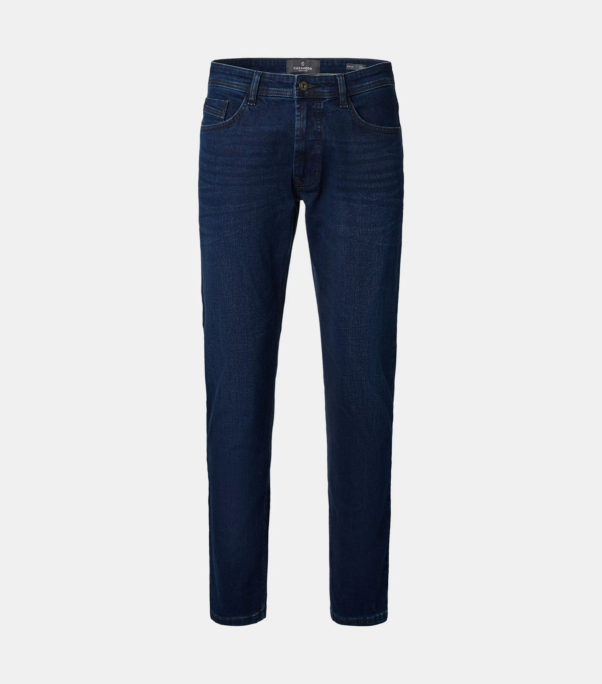 A pair of dark blue slim-fit jeans shown flat against a light gray background.