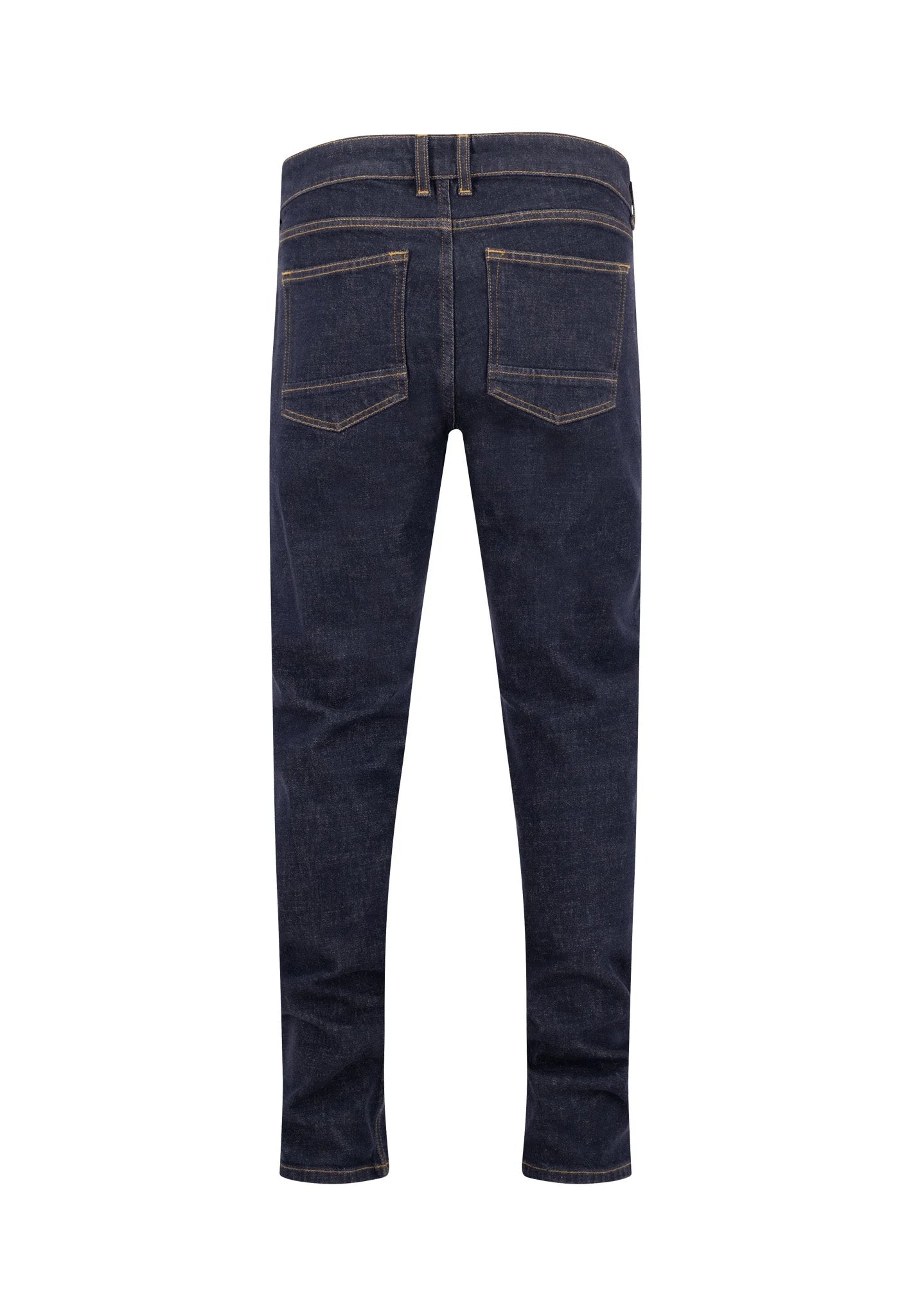 Back view of dark blue jeans on a white background