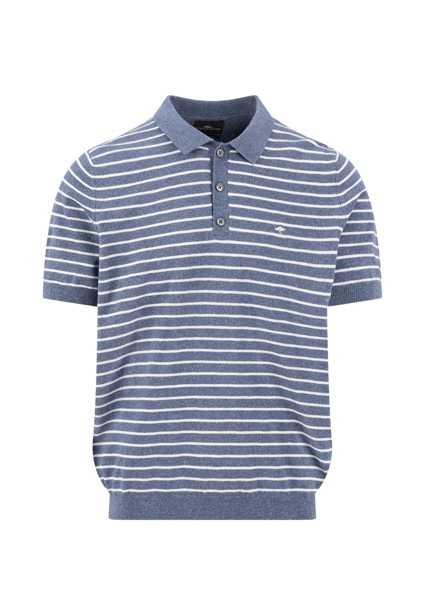 Blue and white striped polo shirt on a white background