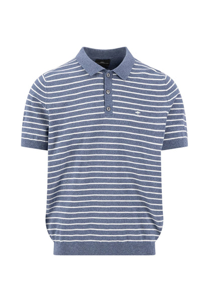 Blue and white striped polo shirt on a white background