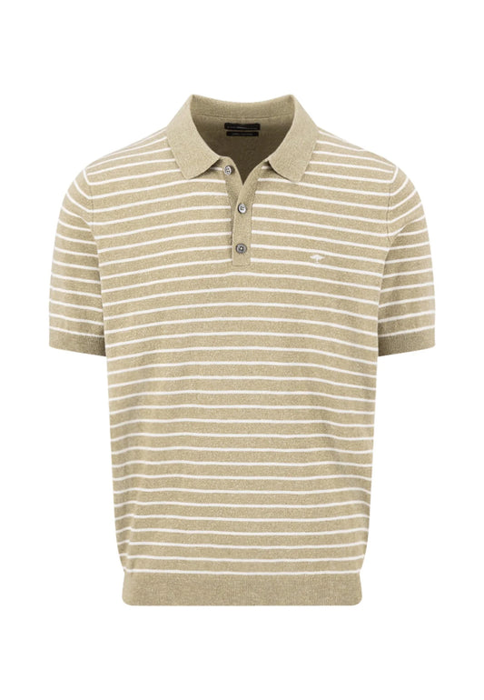 Beige and white striped polo shirt on a white background
