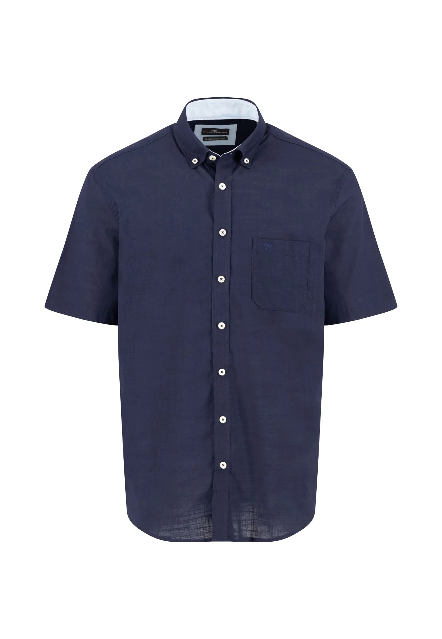 Navy short-sleeve shirt with white buttons on a white background