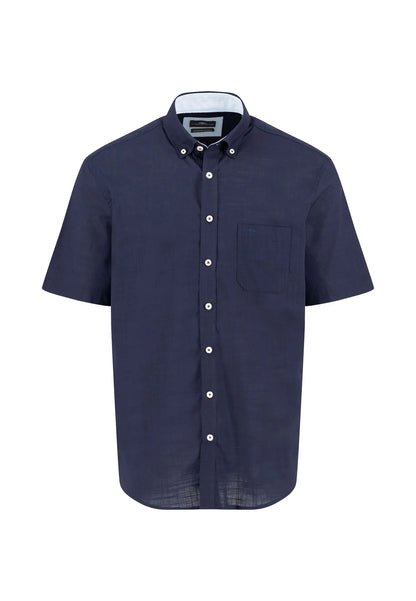 Navy short-sleeve shirt with white buttons on a white background