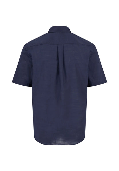 Navy blue short-sleeve shirt on a white background