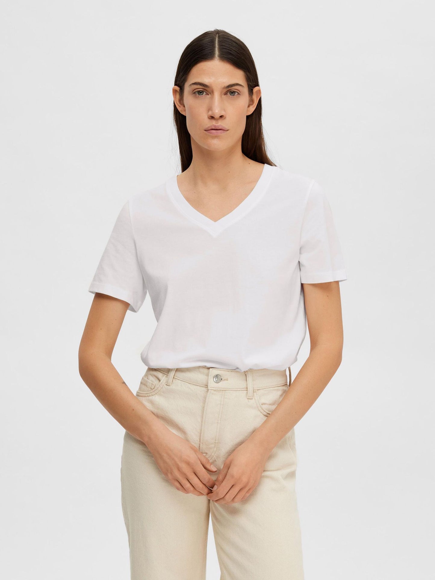 Selected Femme Classic V Neck Tee - White