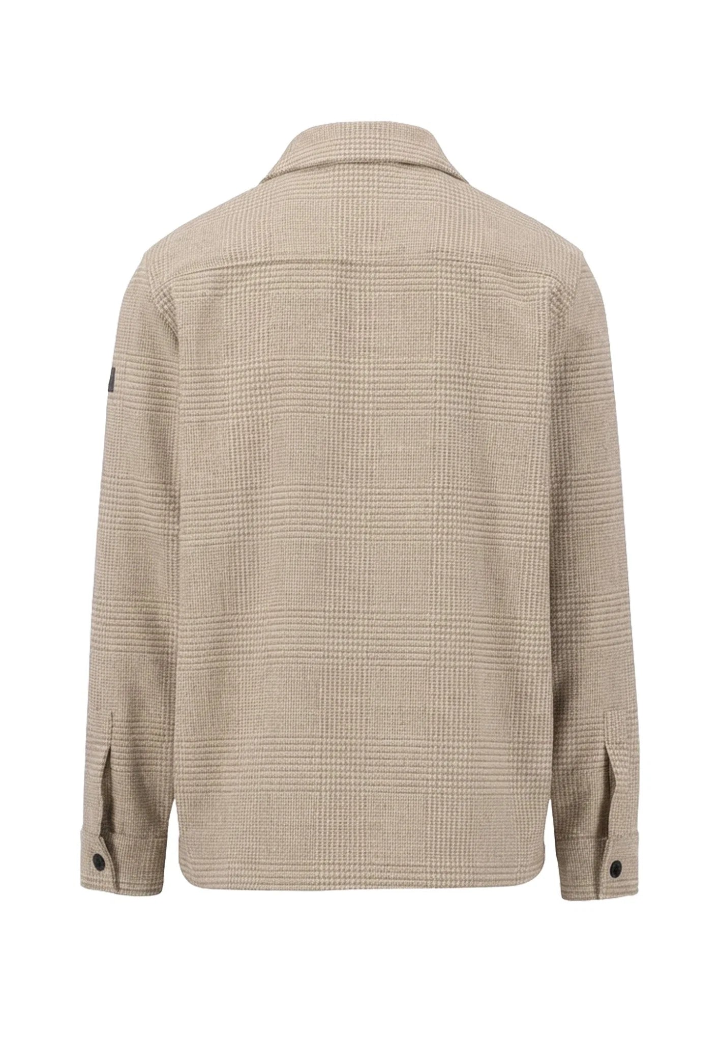 A beige and brown checkered long-sleeve shirt jacket shown from the back, featuring a collar and buttoned cuffs, on a solid white background.