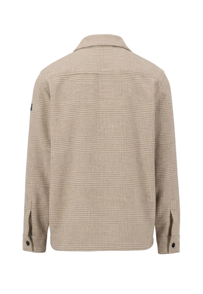 A beige and brown checkered long-sleeve shirt jacket shown from the back, featuring a collar and buttoned cuffs, on a solid white background.